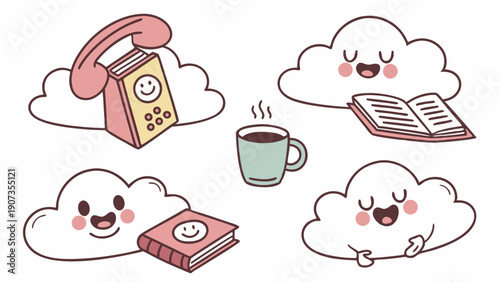 Cute Happy Clouds Enjoying Coffee Reading and Talking for Cozy Relaxation and E-Learning Web Design Elements