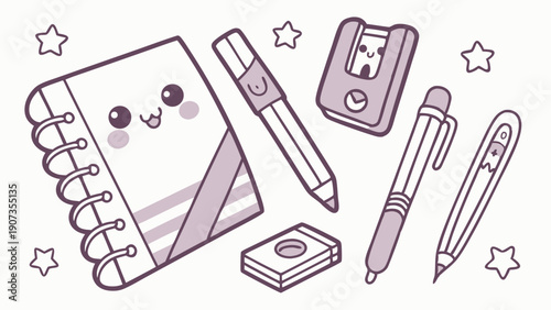 Cute Kawaii Stationery Supplies for School Education and Creative Journaling Design Elements