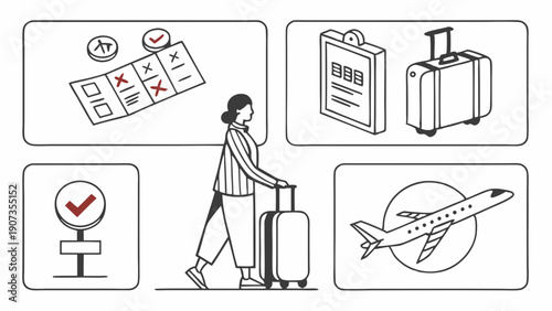 Travel Preparation Checklist Woman with Luggage Airport Check-in Boarding Flight Journey Success