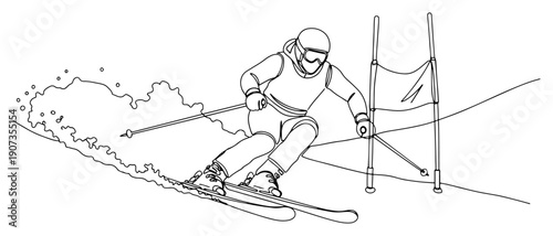 Elegant continuous line drawing of a professional skier performing slalom through gates on a snowy mountain
