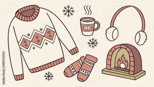 Cozy Winter Holiday Season Flat Lay with Sweater Mittens Fireplace Hot Drink for Seasonal Greeting Card Web Banner Design