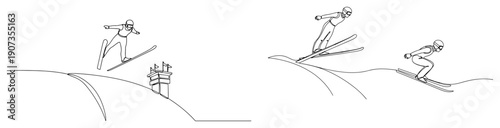 Continuous line drawing of professional ski jumpers performing jumps from a ski jump hill