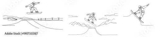Set of continuous line drawings showing professional snowboarders performing jumps and tricks in the mountains