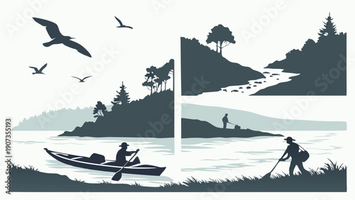 Kayaking and Fishing on Serene Lake Landscape for Outdoor Adventure Travel Web Design and Summer Vacation Promotion