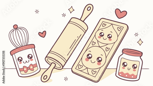 Cute Kawaii Baking Tools and Cookie Cutter for Valentine's Day Recipe Blog or Sweet Bakery Promotion