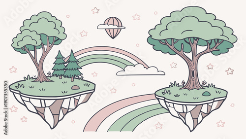 Pastel Floating Islands Landscape with Rainbows for Children's Book Illustration Fantasy Game Design