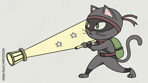Stealthy Cat Ninja Character Shining Bright Flashlight for Security or Treasure Hunt Adventure Game Design