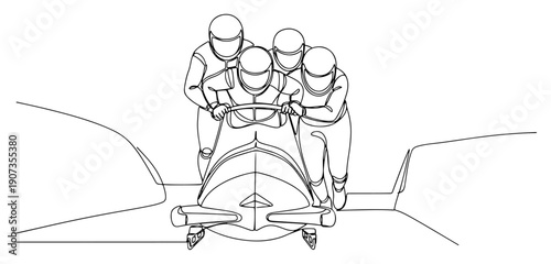 Minimalist continuous line art of a four man bobsleigh team starting their race
