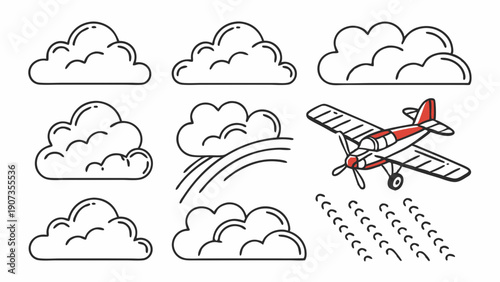 Cloud Set Icons Airplane Crop Duster Rain Streaks for Weather Forecast App Design Aviation Education Material