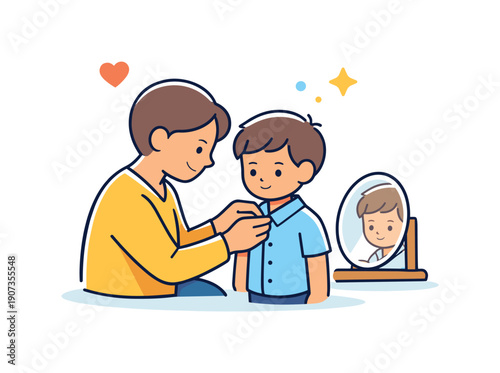 Everyday family care expressed through simple attentive moment in daily home life, a parent gently helping a child button a shirt near a small mirror