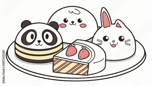 Cute Animal Mochi Desserts Plate for Cafe Menu Design Happy Kids Birthday Party Sweet Treat Illustration