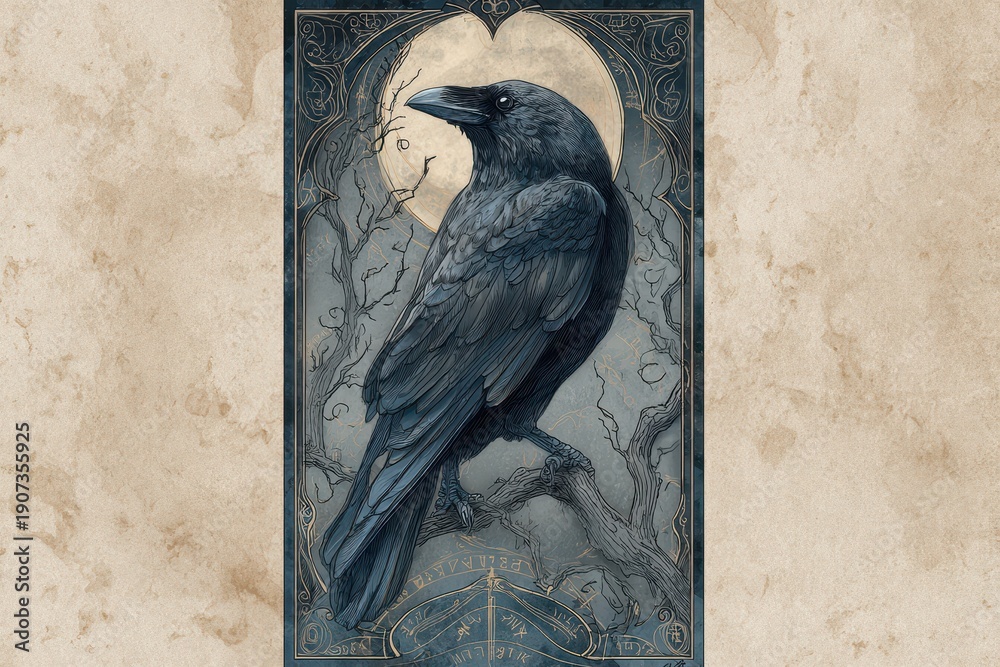 Naklejka premium Moody Horror Themed Bookmark Template: Raven, Moonlight, and Ornate Borders