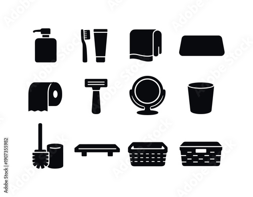 Home bathroom accessories: soap dispenser, toothbrush, toothpaste tube, towel, bath mat, toilet paper roll, razor, mirror, cup, toilet brush, shelf, storage