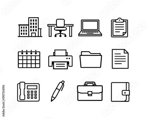 Workplace Administration in linear vector style: office building, desk, chair, laptop, clipboard, calendar, printer, folder, document, telephone, pen, briefcase