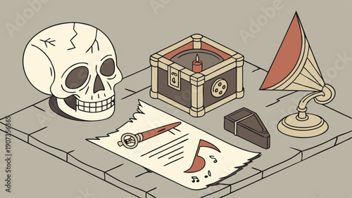 Mysterious Skeleton Skull Gramophone Sheet Music Key for Escape Room Game Design or Vintage Mystery Adventure Background
