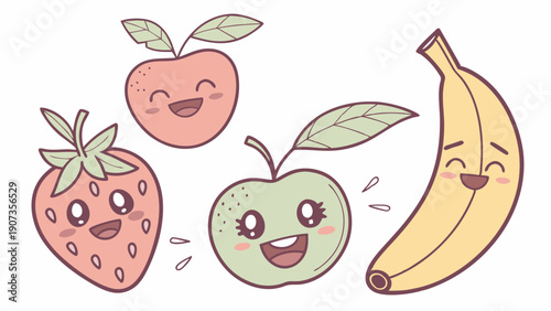 Cute Kawaii Fruits Group Happy Characters for Healthy Eating Kids Food Packaging Design Fun Summer Promotion
