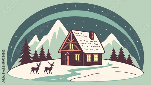 Cozy Rustic Cabin Winter Scene with Reindeer Under Northern Lights for Holiday Greeting Cards and Seasonal Web Design