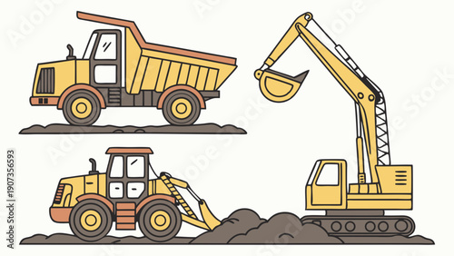 Heavy Construction Equipment Illustration Dump Truck Excavator Loader Moving Earth for Building Projects