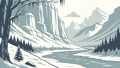 Winter Mountain Landscape with Snowy Valley River and Pine Forest for Travel Brochures Website Banners Seasonal Design