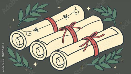 Graduation Diploma Scrolls Tied with Red Ribbons Surrounded by Laurel Leaves for Academic Achievement Celebration Design