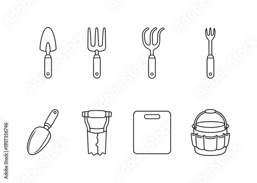 Minimalist Garden Tool Icons. Garden hand tools: hand trowel, hand fork, cultivator, weeder, soil scoop, bulb planter, kneeling pad, tool bucket