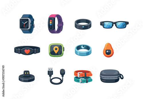 Wearable technology device essentials in flat style: smartwatch, fitness band, smart ring, smart glasses, heart rate strap, GPS tracker, sleep tracker ring