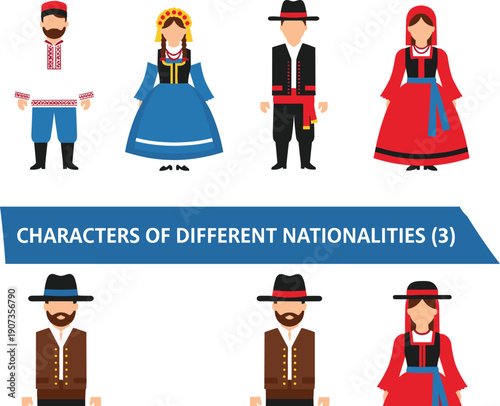 Characters of different nationalities illustration, people wearing traditional European folk costumes, cultural diversity set, ethnic heritage vector isolated on white