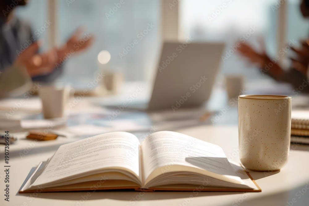 Fototapeta premium Open employee handbook on a modern office desk with collaborative hands