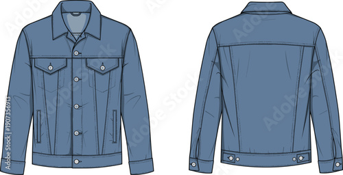 Denim jacket technical illustration front and back views, classic menswear apparel design blueprint, cad drawing flat vector isolated template white