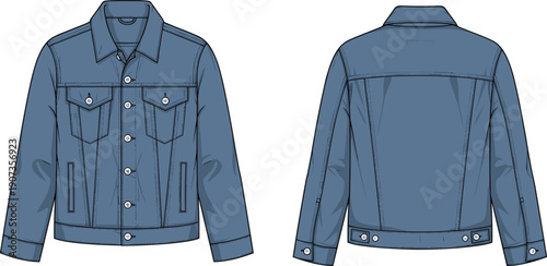 Denim jacket technical illustration front and back views, classic menswear fashion apparel design template, cad drawing flat vector isolated background