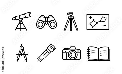 Astronomy Tools Icons. Astronomy observation tools in linear style: telescope, binoculars, tripod, star chart, compass, flashlight, camera, notebook