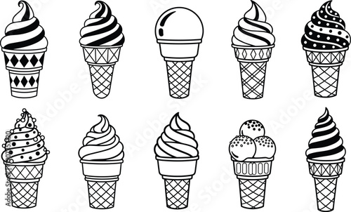 Ice cream cone illustration set, hand drawn dessert icons collection, sweet frozen treat designs, black and white vector isolated on white background