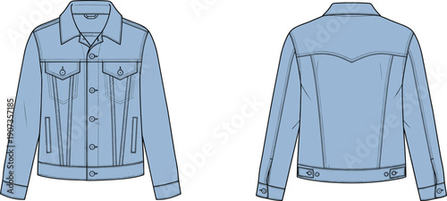Denim jacket technical illustration front and back views, light blue menswear fashion apparel design template, cad drawing flat vector isolated