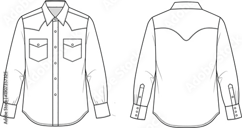 Men shirt technical illustration front and back views, classic button down apparel design template, fashion outline, cad drawing flat vector isolated