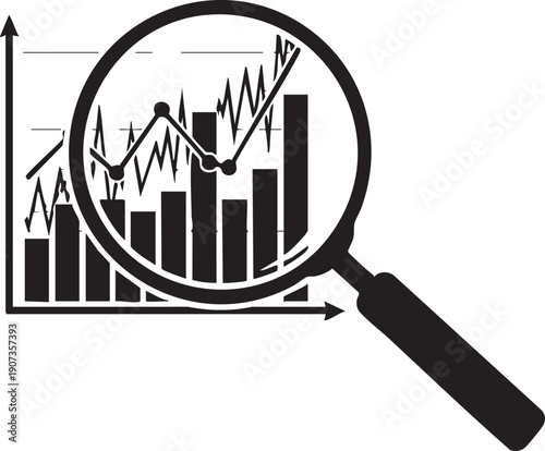 Black magnifying glass over bar chart and line graph white
