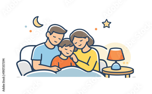 Calm family evening at home emphasizing rest and emotional closeness after the day ends, two adults and a child sitting close together on a sofa near a small