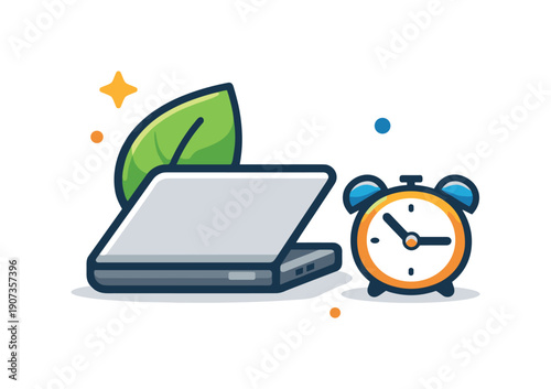 Healthy balance between focused work and intentional rest in modern lifestyles centered on sustainable routines, a closed laptop beside a leaf and a small clock