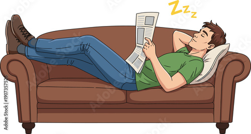 Relaxed man sleeping on sofa reading newspaper, lazy weekend lifestyle concept, comfortable home leisure illustration vector isolated background design art