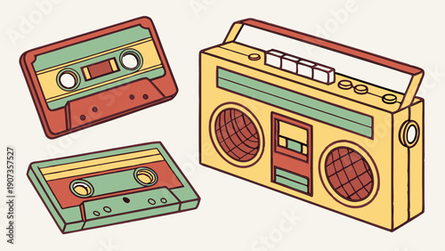 Retro Cassette Tapes and Yellow Boombox for 80s 90s Nostalgia Music Playlist Design Web Graphic