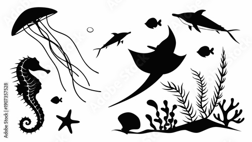 Ocean Life Silhouette Collection Seahorse Jellyfish Ray Fish Seaweed for Nautical Design Projects and Underwater Themed Decor