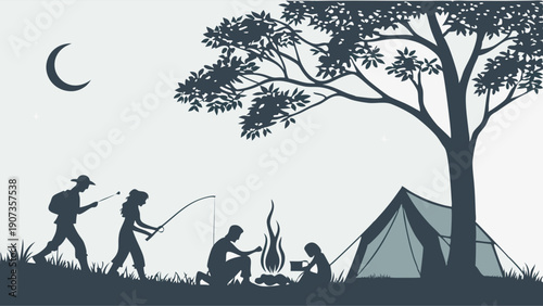 Silhouette of Family Camping Night Adventure Under Moon with Tent Campfire Fishing Hiking Outdoor Recreation Travel Vacation