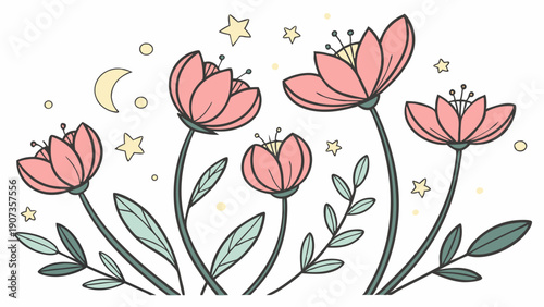 Whimsical Pink Flowers with Stars and Moon for Spring Nursery Decor Website Banner or Greeting Card Design