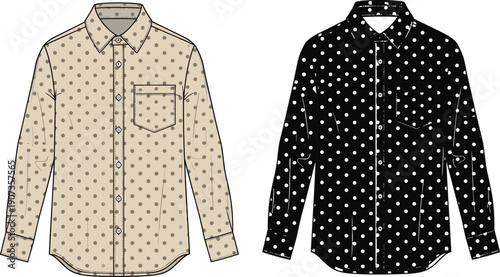 Polka dot shirt technical illustration front view set, womens fashion apparel design, cad drawing flat vector isolated template white background