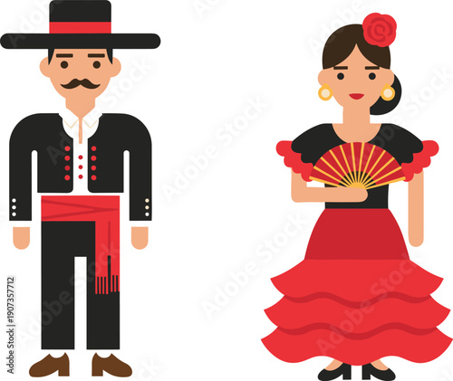 Spanish traditional couple illustration, man and woman in flamenco costumes, cultural heritage characters, Spain folk dance outfit vector isolated