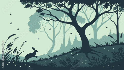 Mysterious Forest Hare Running Through Misty Woodland Silhouette for Nature Ecology Wildlife Design Projects