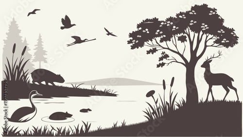 Serene Wildlife Wetland Landscape Silhouette for Nature Education Eco Tourism Design Calm Outdoor Scene