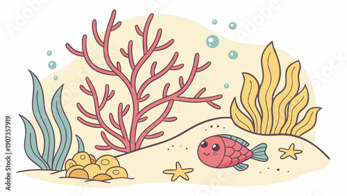Cute Cartoon Underwater Scene with Happy Fish Coral Seaweed for Children Book Illustration or Ocean Theme Design