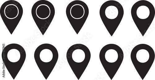 Black map pins with white circles on white background location black and white pointers