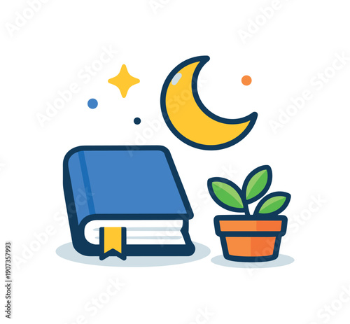 Mindful evening wind-down routine and screen-free relaxation, a book paired with a moon icon and a small plant symbolizing calm transition and rest, serenity