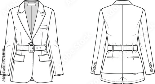 Women tailored blazer technical illustration front and back views, belted fashion apparel design template, cad drawing flat vector isolated background
